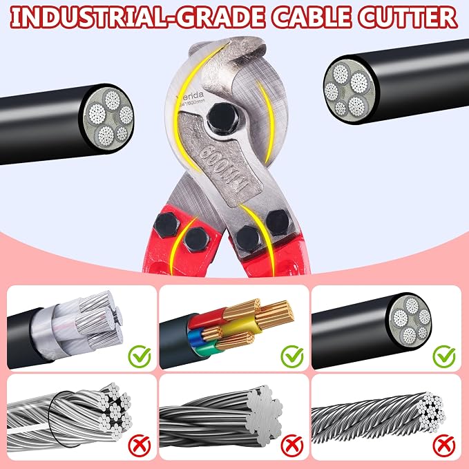 Verida Cable Cutters 42 inch, Heavy-Duty Large Cable Cutter, Chrome vanadium steel, Hardness 62 HRC, Suitable for cutting thick copper and aluminum core cables, Red