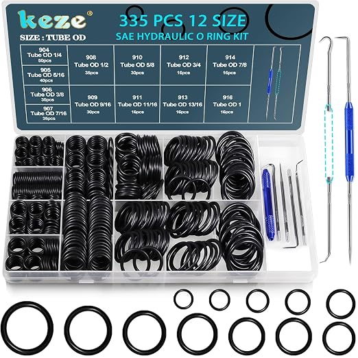 KEZE 335 Pcs Hydraulic O-Ring SAE 900 Series 12 Size Buna-N 70A Inch O Rings Seal Kit for Hydraulic Fitting,Straight Thread Tube Fittings,Cylinders,BOSS ORB Fittings
