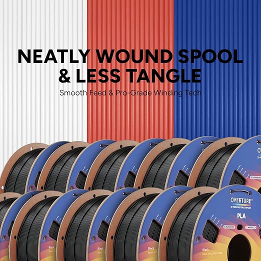 OVERTURE 10KG Bundle High Speed PLA Filament 1.75mm, Neatly Wound 3D Printer Filament 10 Pack 1kg Spool (2.2lbs) Rapid PLA, Fit Most FDM 3D Printers (Black 10-Pack)