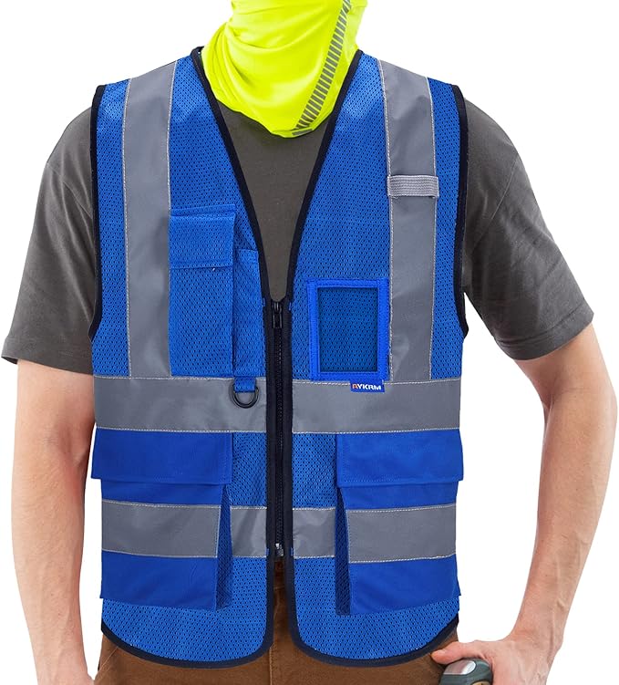 A-SAFETY Hi-Vis Mesh Vest, Reinforced Points, Black Front Zipper, Blue, XL | Blue XL mesh vest with reflective strips, mic tabs and 7 pockets for data centers and electrical work; 21 color options.