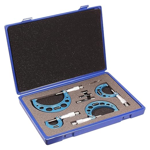 4 Pcs Outside Micrometer Set, Professional Precision Machinist Tool Kit, 0-1"/1-2"/2-3"/3-4" Measuring Range, 0.0001" Graduation, Professional Accuracy for Metalworking & Engineering