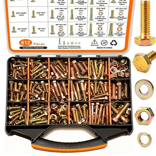 612pcs Heavy Duty SAE Grade 8 Bolts and Nuts Kit, 1/4-20,5/16-18,3/8-16,1/2-13 Bolt Assortment Kit Including Nuts Washers, Yellow Zinc Plated