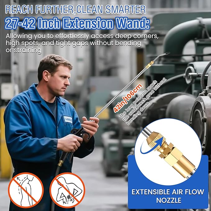 High Pressure Air Blow Gun, Extension Long Air Nozzle Blower Wand Fit 1/4" NPT Inlet & Lever Grip, Heavy Duty Industrial Blow Gun Pneumatic Tool for Radiator Compressor Attachment(1 Pc,27-42 Inch)