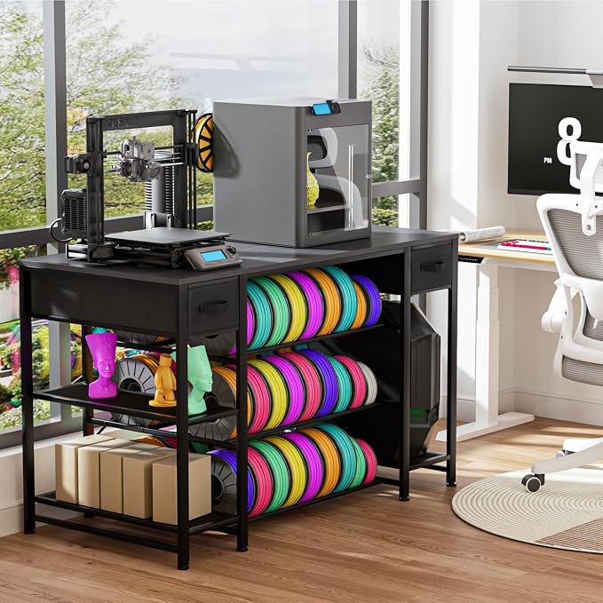 3D Printer Table with Storage, Heavy Duty Metal 3D Printer Stand with Filament Storage Drawer & Power Hub, Large Capacity 3D Printer Desk for Workshop, Studio & Home Office(Black)