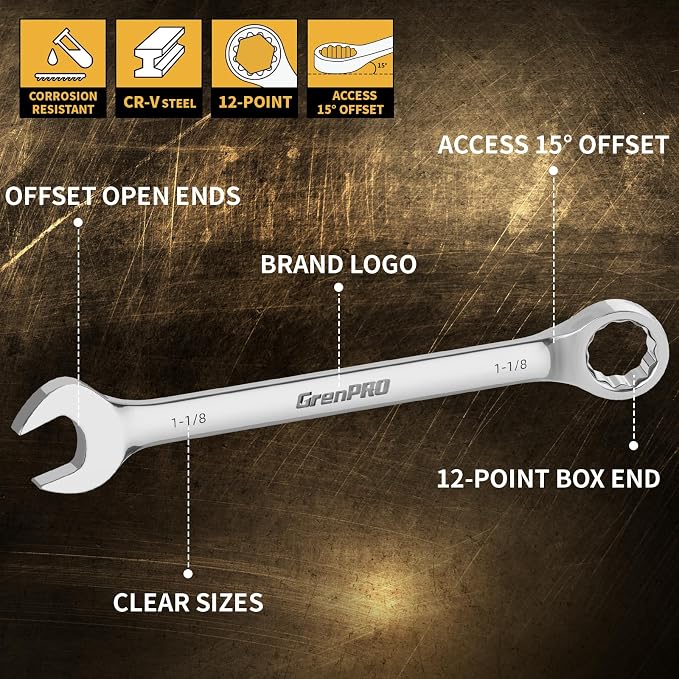 GRENPRO SAE Wrench Set, Large Wrench Set, 7-Piece 15/16", 1", 1-1/16", 1-1/8", 1-3/16", 1-1/4" Long Big Open End Wrench Tools Set Roll Up Pouch Organizer with Gauge, 12 Point Combination Wrenches Sets