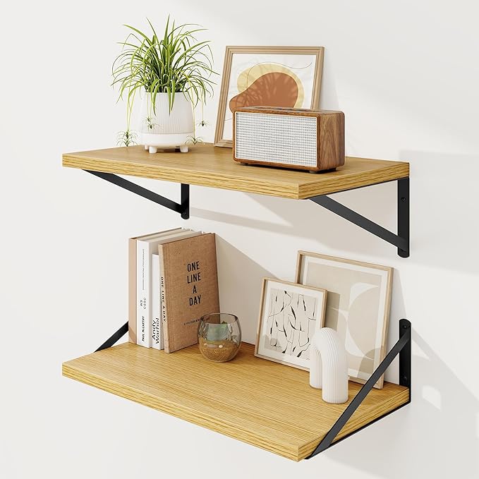 Floating Shelves 12 Inch Deep, 24W x 12D Wall Shelf Set of 2, 50 lbs Heavy Duty Reversible Metal Brackets, Deep Industrial Book Shelf for Living Room Kitchen Bath Bedroom Coffee Bar, Oak