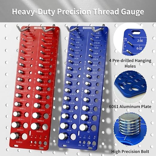 76 Thread Checker, Nut and Bolt Thread Checker Standard and Metric, Thread Gauge with 31 SAE & 29 Metric & 16 Drill Bit Sizes, Aluminum Screw Nut and Bolt Size Gauge Finder Identifier Set