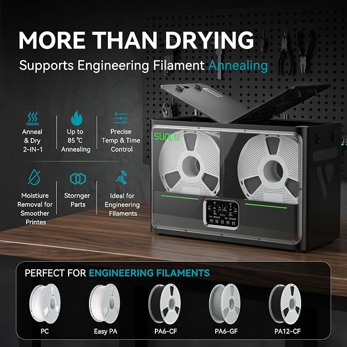 SUNLU S4 Pro 3D Printer Filament Dryer Box, Upgrade Filadryer S4 (Black) | Dual-Chamber Independent Heating, 85℃ Max Temperature, Dry and Anneal 2-in-1, PLA ABS PETG PA PC Filament Dryer Box