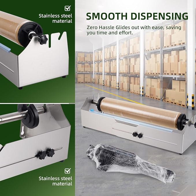 Adjustable Tabletop Stretch Film Dispenser with Cutter, Heavy Duty Stainless Steel Wrapper for 16 to 26 Inch Rolls, Ideal for Warehouse and Shipping Use