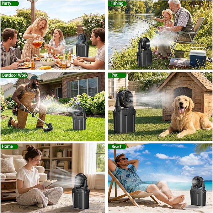 Ausic 1.35 Gal Portable Misting Fan, Outdoor Fans for Patios, [Max 30H] Rechargeable Battery Operated Fan, Bucket Mister Water Cooling Fan for Camping/Travel/Beach, 2 Large Spray Outlets