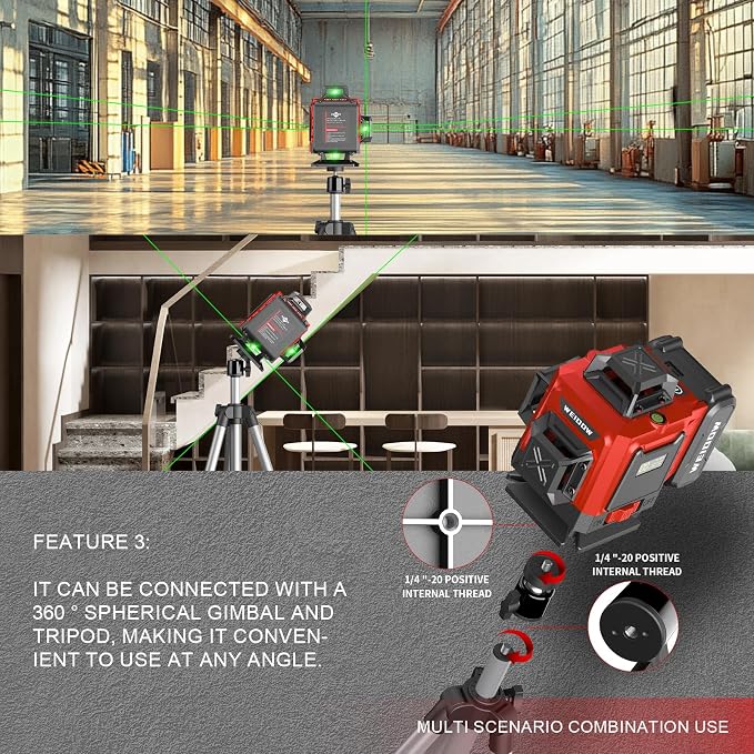 WEIDDW Laser Level with Tripod, Self Leveling Laser Level 4x360°, Green Line Laser 4D Laser Leveler Tool with 2Pcs Lithium Batteries for Picture Hanging, Tile, Home Renovation(SizeX)