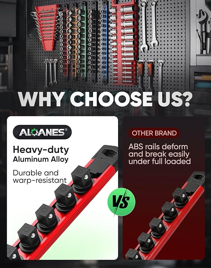 ALOANES Magnetic Socket Organizer Set, 3-Piece Heavy Duty Aluminum Socket Rails, 360° Swivel Clips Socket Rail Kit for Tool Tray Drawer Fit 1/2-Inch x 36 Clips (Red, 3PC)