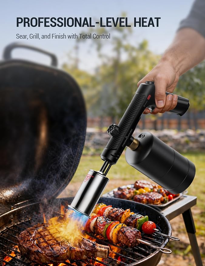 ThermoMaven Propane Torch with One-Touch Max Fire, Blow Torch Gun with Safety Lock, Charcoal Lighter Flame Thrower, Kitchen Food Torch Head for Grill, Sous Vide, BBQ, Stealth Carbon(Tank Not Included)
