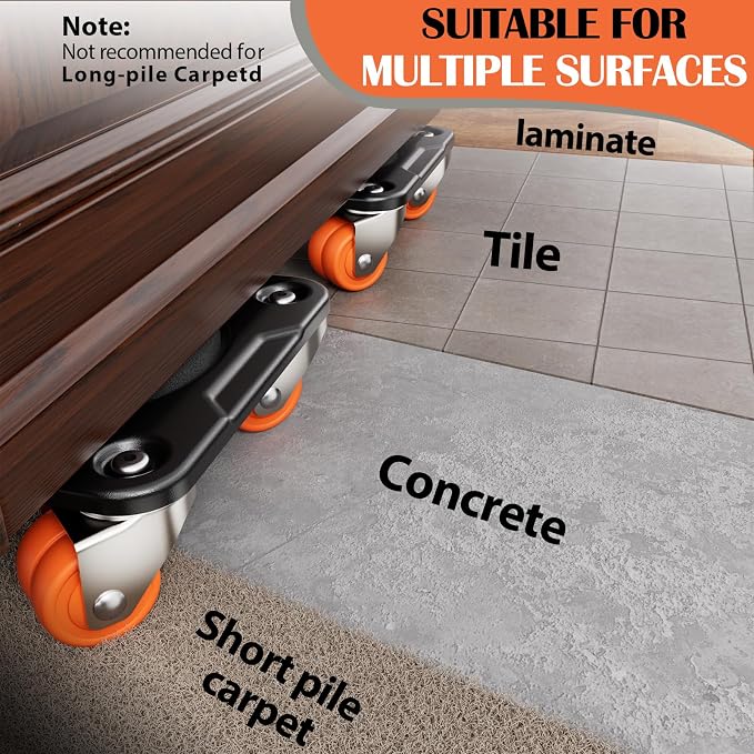 Heavy Duty Furniture Movers with 10 Wheels, Dual-Wheel Caster Square Dollies with Furniture Lifter and Base, 360° Swivel Casters, Non-Slip Pads, Up to 4000 lbs Load Capacity