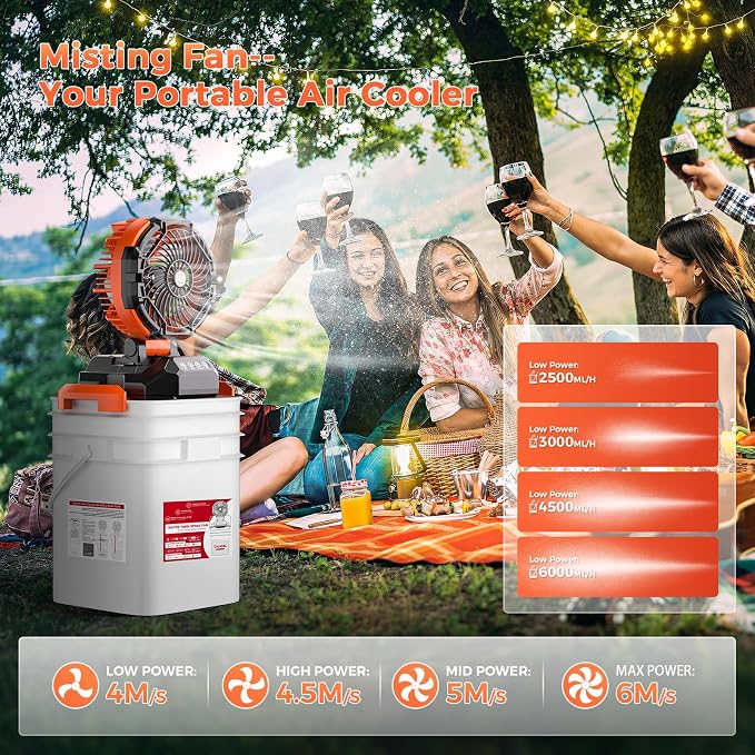 Portable Misting Fan with 25L Bucket, Rechargeable Battery Powered Floor Cooling Fan with 4 Strong Winds, 4 Spray Mister, Adjustable Base for 10-13in Bucket for Camping, Beach, Patio-Orange