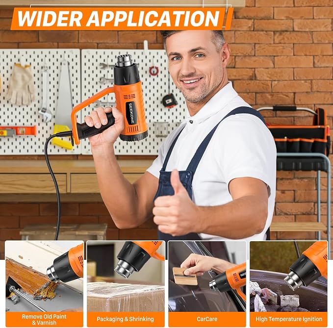 SEEKONE Heat Gun 1800W Heavy Duty Fast Heat Hot Air Gun Kit with 752℉&1112℉（400℃-600℃） Dual-Temperature Settings and 4 Nozzles with Overheat Protection for Crafts, Shrinking PVC, Stripping Paint