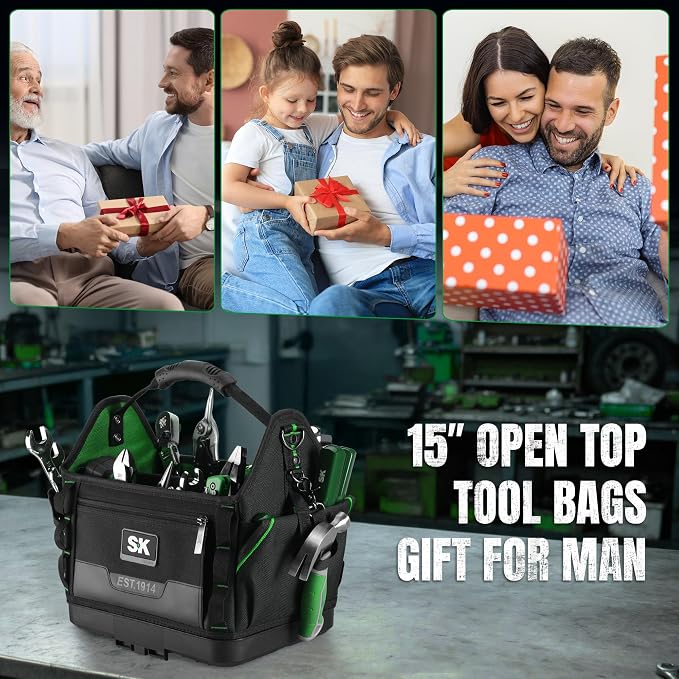 SK 15-Inch Open Top Tool Bag, 1680D Fabric Tool Tote with Waterproof Hard Base, Padded Shoulder Strap & Sturdy Handle, Heavy Duty Stackable Bag Organizer with 28 Pockets, 12 Webbing Loops