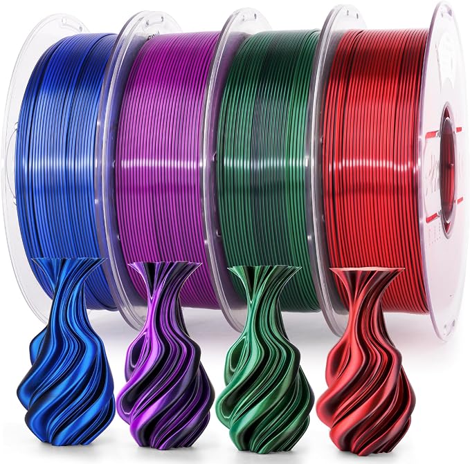 AMOLEN Silk PLA 3D Printer Filament Bundle, Shiny Dual Color PLA Filament 1.75mm Pack, Multi Color Change PLA 3D Printing Filament for Most FDM 3D Printer, 1KG X 4 Spools