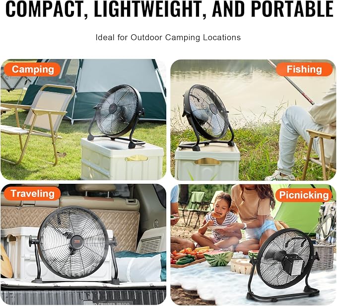 VEVOR 12'' Rechargeable Floor Fan, Portable Quiet Personal Fan for Home or Office, 360 Degree Manual Pivoting Head, Stepless Speed Regulation High Velocity, Heavy Duty Metal Industrial Cordless Fans