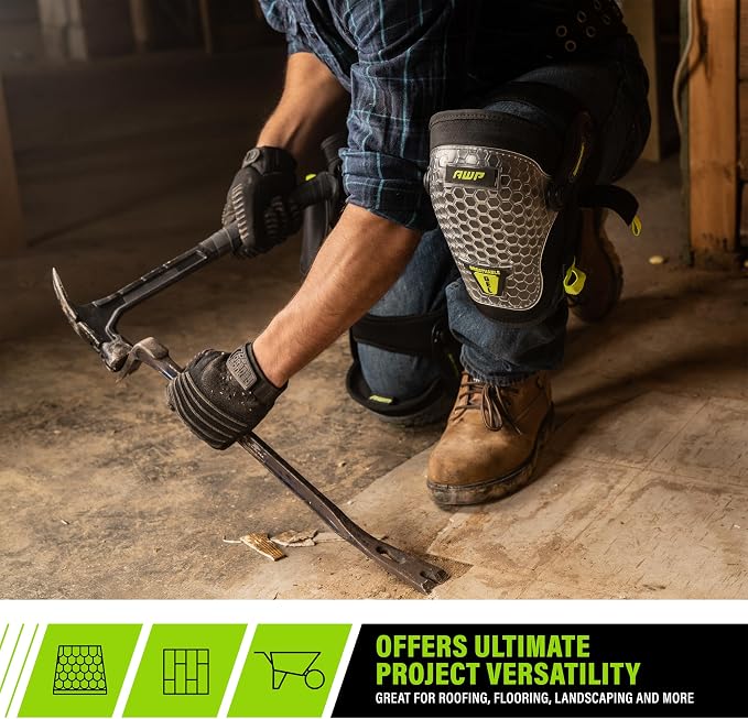 AWP Gel Pro Comfort Hinge Knee Pads | Dual Gel/Foam Padding + Comfort Hinge Design | Non-Marring Cap, Breathable Straps | Jobsite Knee Protection for Flooring, Construction & Landscaping