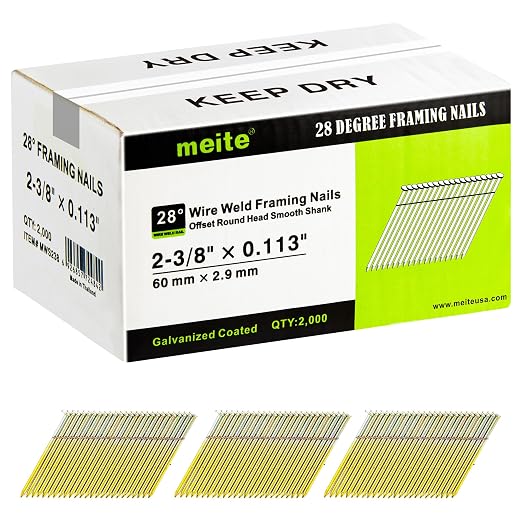 meite 28 Degree Framing Nails 2-3/8 Inch Galvanized Wire Weld Collated Nails for Framing Nailer Gun, Offset Round Head Smooth Shank Framing Nails for Structural Wall Sheathing Decking 2,000PCS | Offset Full Round Head Smooth Shank, Rust-proof, Fits Pne...