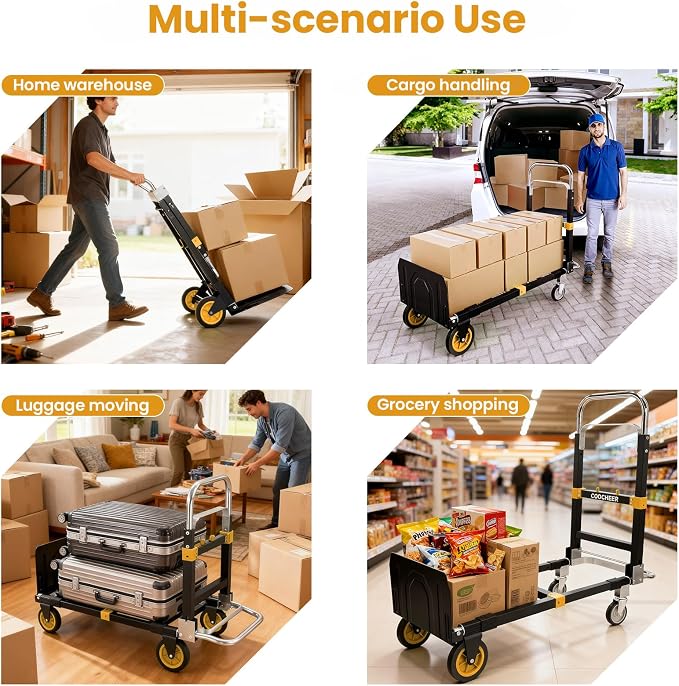 3-in-1 Convertible Heavy Duty Folding Hand Truck Dolly, 600LB Capacity with Rubber& Wheels Telescoping Handles, Portable Collapsible Cart for Warehouse, Supermarket, Office (Orange)