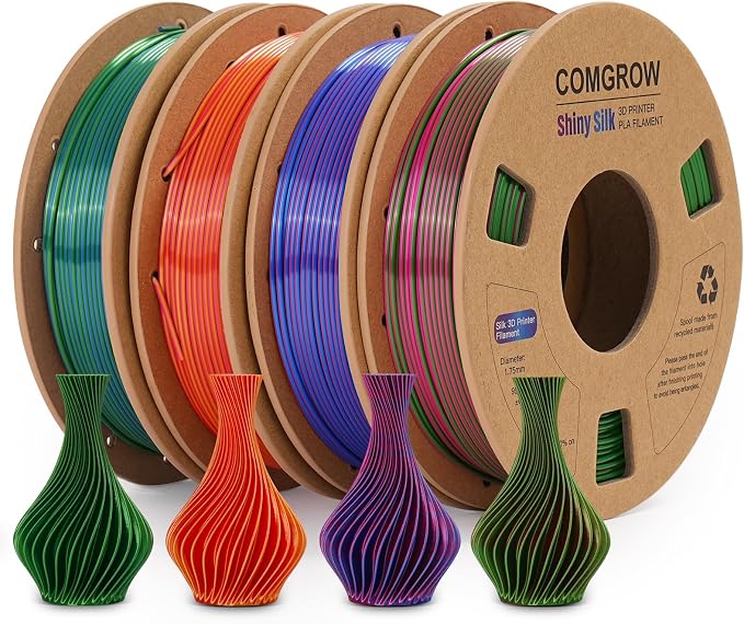 Comgrow Silk Shiny Rainbow Multi-Color 3D Printer Filament, Comgrow 3D Printing Materials Silk PLA 1.75mm, 3D Printing Filament +/-0.02mm, 250g X 4 Spool