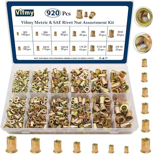 Metric & SAE Rivet Nut Assortment Kit(920 Pcs), M3 M4 M5 M6 M8 M10#6-32#8-32#10-24 1/4"-20 5/16"-18 3/8"-16 UNC Flat Head Rivnut Set, Zinc Plated Finish Carbon Steel Nutsert
