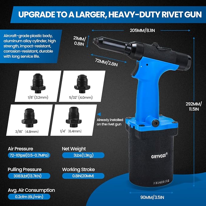 Pneumatic Rivet Gun Air Pop Riveter Tool Kit with 1/8", 5/32", 3/16", 1/4" Rivet Nozzles, Pneumatic Riveting Gun, Upgraded Air Riveter Hydraulic Pop Riveting Rivets Tool, No-Self-Suction