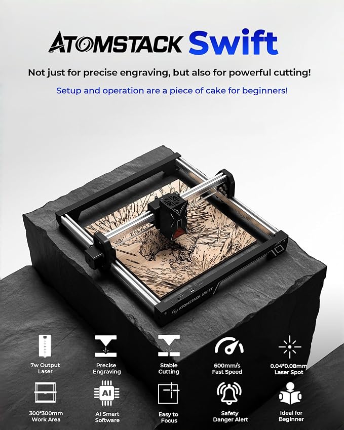 ATOMSTACK Swift Laser Engraver for Beginners, 7000mW Output Laser Cutter, Laser Class 4, 300×300mm Working Area, 0.08mm Accuacy Engraving Machine for Wood, Leather, Coated Metal, Acrylic (Swift 7W)