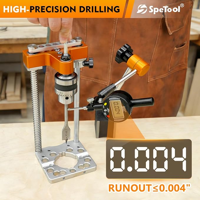 SpeTool S04003 Portable Drill Guide with Liner Ball Bearings, 0.004" High Precision Drill Guide for Straight Holes, All-Aluminum Base, Spring-Assisted Portable Drill Press for Woodworking & DIY