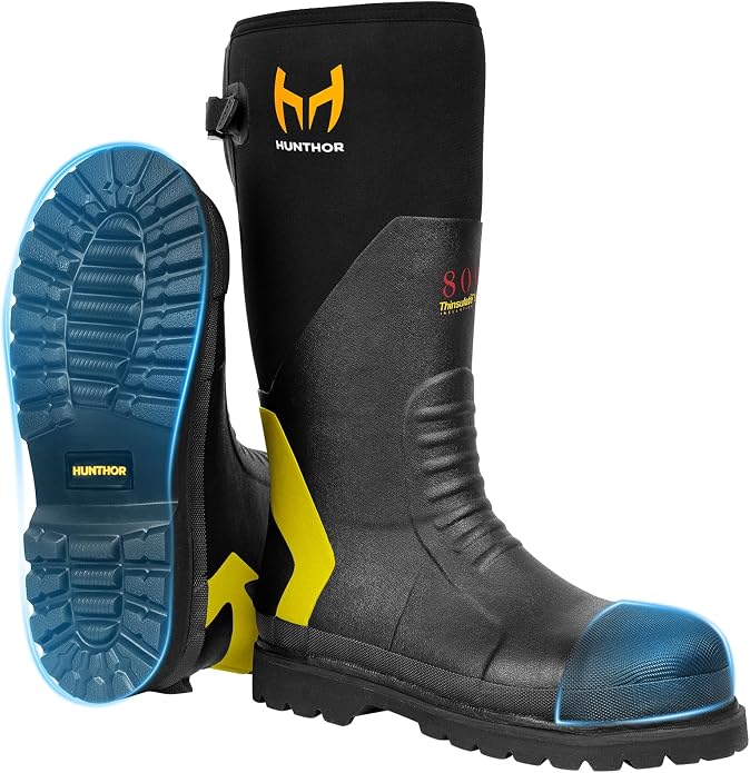 Rubber Work Boots with 800g Insulation, Puncture-Proof Steel Toe & Shank, Lightweight EVA Outsole Waterproof Insulated Neoprene Hunting Boots for Farming, Construction and Manufacturing (Size 6-14)