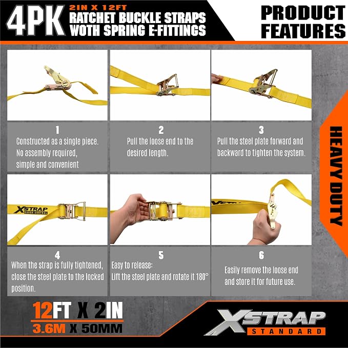 XSTRAP STANDARD 4-Pack 2" x 20' E-Track Ratchet Tie Down Straps 4,400 lbs Break Strength Heavy Duty Cargo Securement for Trailers, Trucks, Vans & Motorcycles with Spring Fittings (Blue)