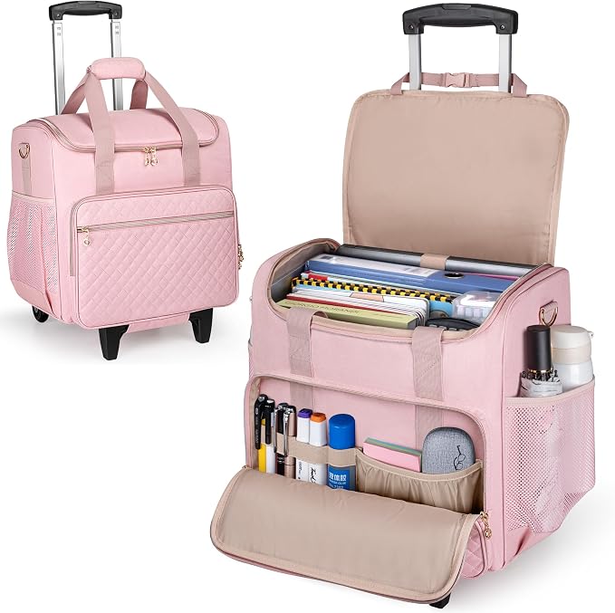 LUXJA Rolling Teacher Bag with Laptop Compartment and Detachable Dolly, Multifunctional Rolling Teacher Tote Bag (Patent Pending), Pink
