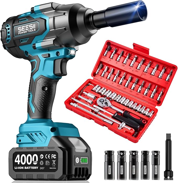 Seesii Impact Wrench & 46pcs Socket Wrench Set, 1000N.m (738 Ft-Lbs) Cordless Impact Driver, 1/2" Impact Gun With 21v 2x4.0Ah Battery, Auto/Motorcycle Tool Kit, Wh10 Ultra