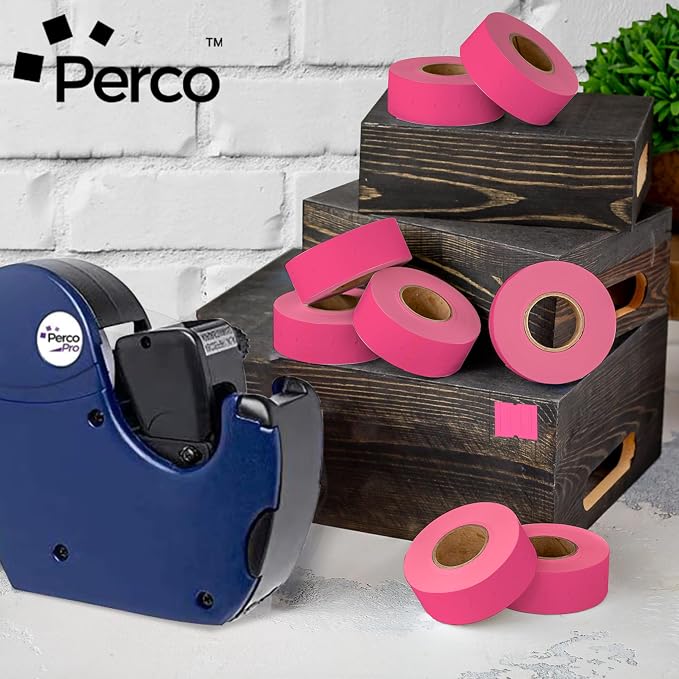 Perco 2 Line Fluorescent Pink Labels - 6,000 Blank Price and Date Gun Labels for Perco 2 Line Price and Date Guns - 8 Rolls, 1 Sleeve - Made in USA