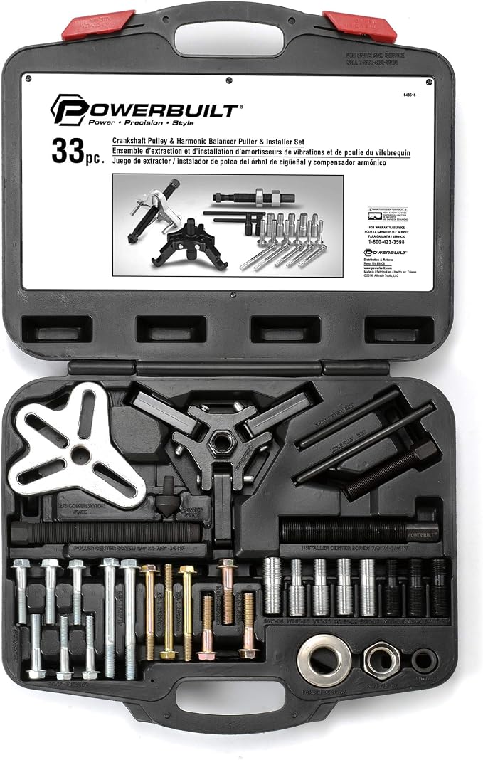 Powerbuilt Harmonic Balancer and Pulley Installer Tool Kit, 33 Piece, Crankshaft Pulley, Remove and Install, Storage Case - 648616, Black