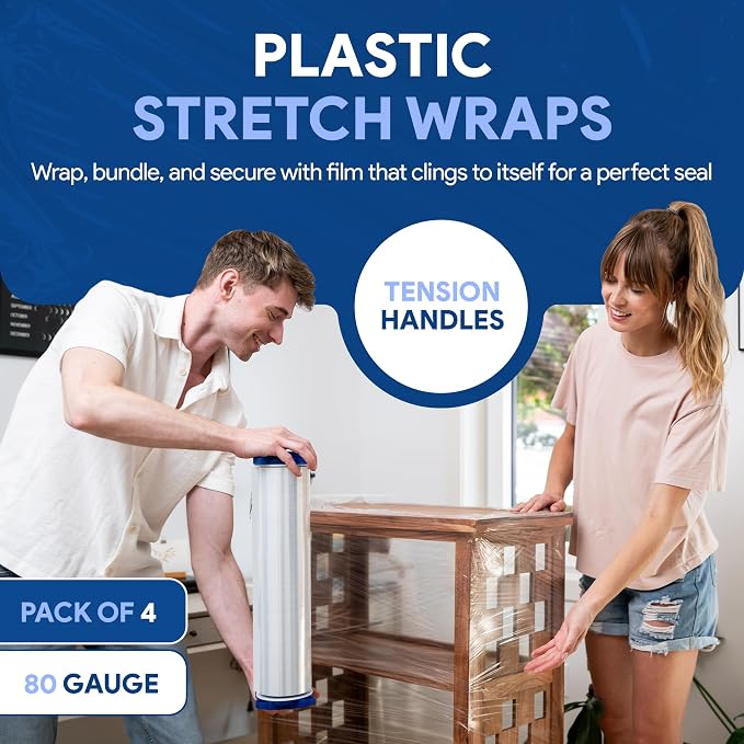 International Plastics Co. 18" Stretch Film/Wrap 1500 feet 7 Layers 80 Gauge Industrial Strength up to 800% Stretch 20 Microns Adhering Packing Moving Heavy Duty (Clear, 4 Pack - Tension Handles)