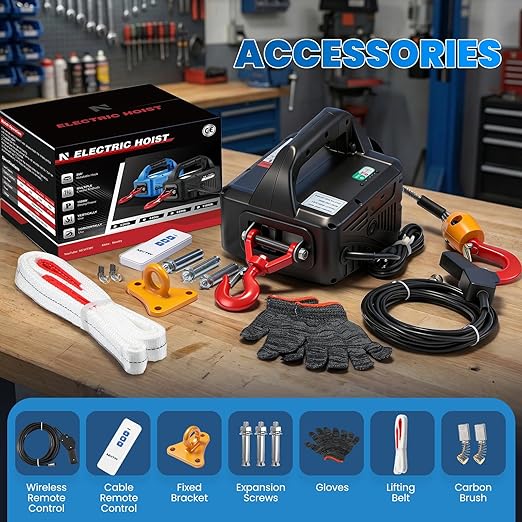 NEWTRY 3 in 1 Electric Hoist Winch 440lb, 16ft/min Manual|Cable| Control, 62ft Portable Power Electric Lift with Sling Strap for Lifting Small Engines, Bicycles, Groceries