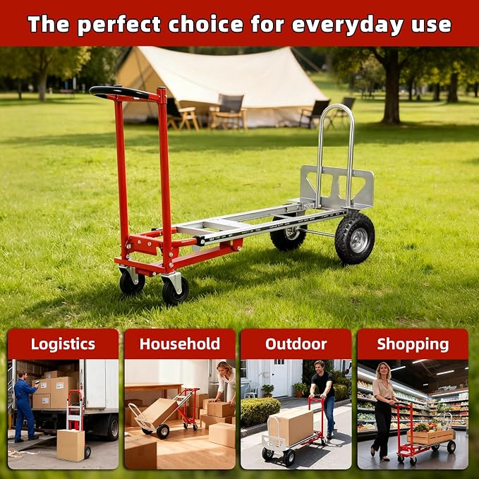 Aluminum 4 in 1 Convertible Hand Truck Dolly, 1000Lbs Capacity, Heavy Duty Folding Hand Truck Dolly Cart with Wheels 10" All-Terrain Tires, Hand Trucks for Logistics, Home, Office, School, Red