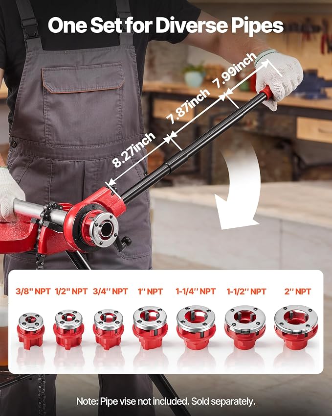 VEVOR Ratchet Pipe Threader Kit with 7 Dies, 3/8" NPT to 2" NPT Manual Ratcheting Pipe Threading Tool, Portable Pipes Threader Set with Toolbox for Plumbing Installation & Repair