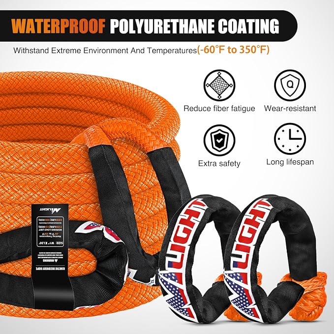 Nilight Kinetic Recovery Tow Rope Kit with 2 Soft Shackle 1" x 30ft Heavy Duty Offroad Tow Rope Snatch Strap Towing Strap kit (33,000LBS) for UTV ATV SUV Truck Car Jeep Tractor
