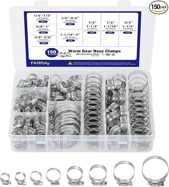 FARRAY 150 PCS Hose Clamps Assortment Kit, Adjustable 1/4"- 2"(6-51mm) Worm Gear Hose Clamps, 304 Stainless Steel Hose Clamps for Plumbing, Automotive and Mechanical Applications