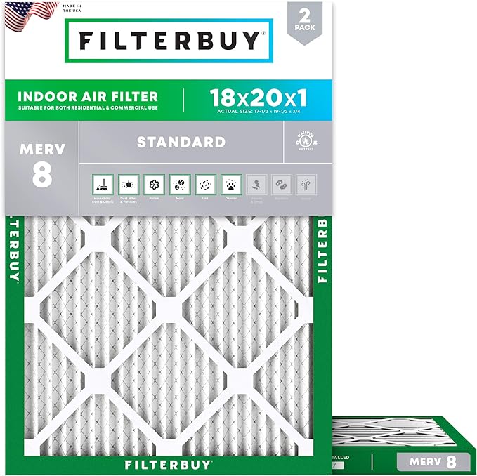 Filterbuy 18x20x1 Air Filter MERV 8 Essential Dust & Allergy Defense (2-Pack), Electrostatic Pleated HVAC AC Furnace Filters Replacement, Made in USA (Actual Size: 17.50 x 19.50 x 0.75)