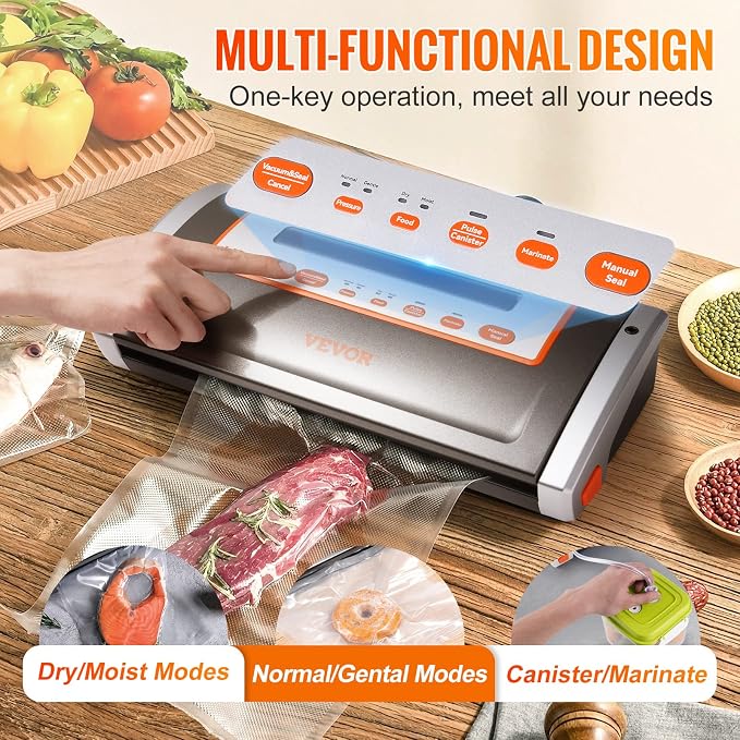 VEVOR 80Kpa Vacuum Sealer Machine,130W Powerful, Multifunctional for Dry and Moist Food Storage, Automatic and Manual Air Sealing System with Built-in Cutter