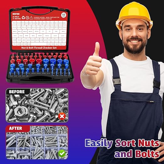 66 Pcs Thread Checker Nut and Bolt Thread Checker Set with 35 Inch and 31 Metric Box Set Thread Gauge for Tight Spaces SAE and Metric Sizes Ideal for Bolt and Nut Size Checking