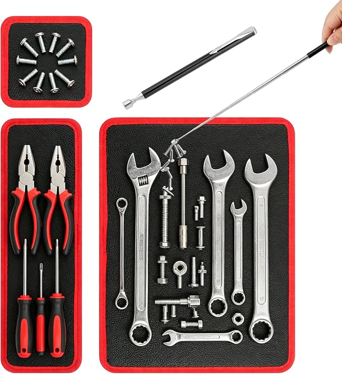 Magnetic Tool Mat Set, 4 Pcs Heavy Duty Flexible Magnetic Mat with PVC Coating, Holds Screws, Bolts, Nuts and Small Tools for Garage Workshop and Auto Repair (Red)