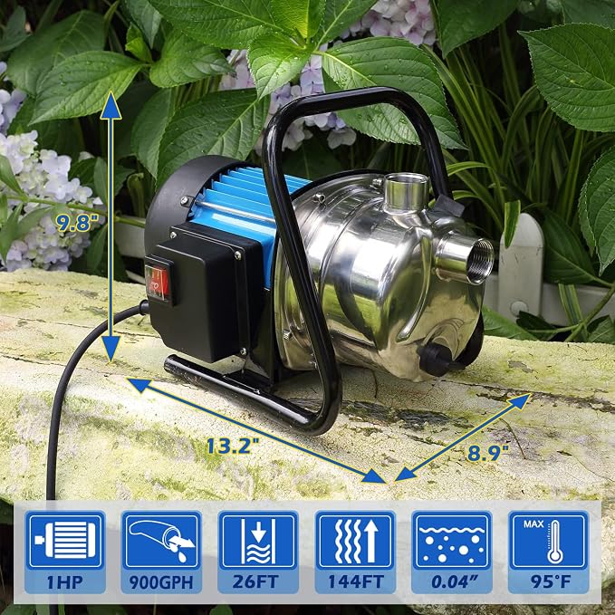 FLUENTPOWER Portable Garden Transfer Pump, 900GPH Electric Sprinkler Booster Pump, Shallow Well Jet Pump for Home Lawn Irrigation and Water Draining, included 13 ft Suction Hose Kit