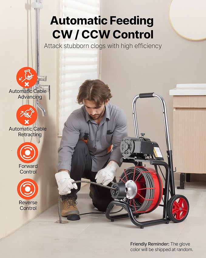 VEVOR Drain Cleaner Machine 100 FT x 1/2 Inch, Auto Feed Sewer Snake Auger on Wheels - with 8 Cutters & Air-Activated Foot Switch for 2" to 6" Pipes