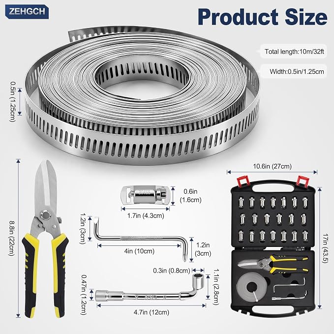 Hose Clamps, DIY 32.81FT Large Adjustable Metal Strap Stainless Steel Hose Clamps with 20 Stronger Fasteners Screw, Worm Gear Hose Clamps for Pipe, Tube, Duct and Fuel Line 25PCS